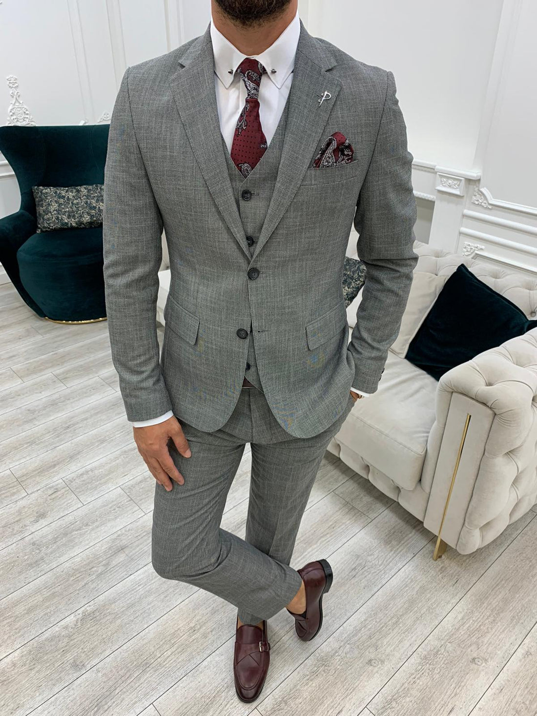 Grey Patterned Slim-Fit Italian Cut Suit