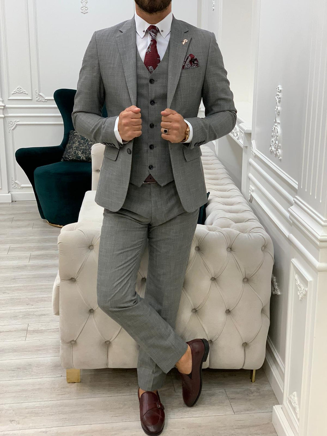 Grey Patterned Slim-Fit Italian Cut Suit
