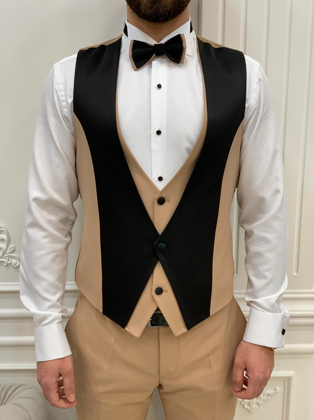 Cream Dovetail Collar Striped Slim-Fit Italian Cut Tuxedo