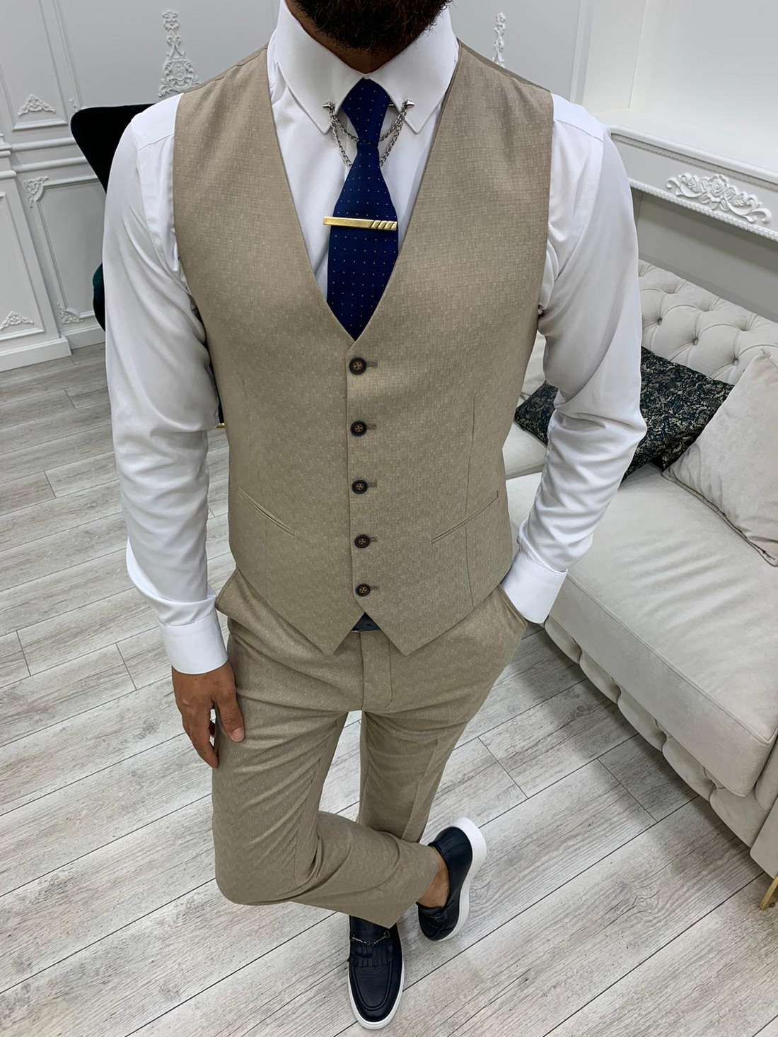 Cream Plaid Slim-Fit Italian Cut Suit