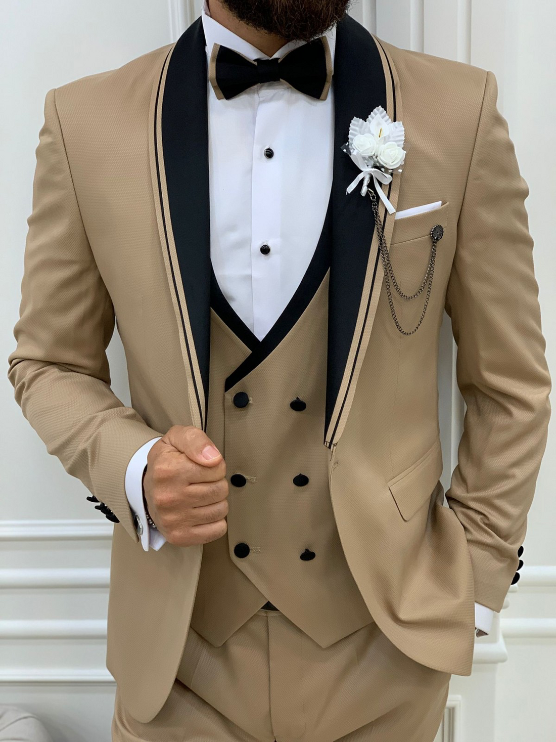 Cream Striped Groom Slim-Fit Tuxedo