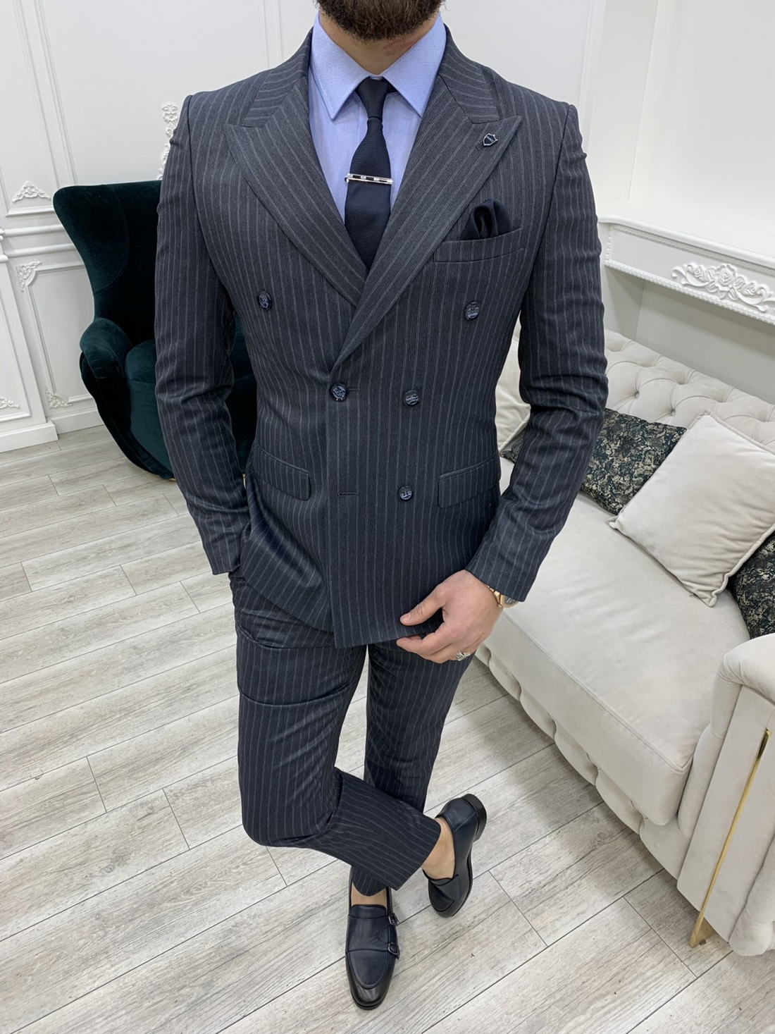 Striped Smoked Slim-Fit Italian Cut Double Breasted Suit