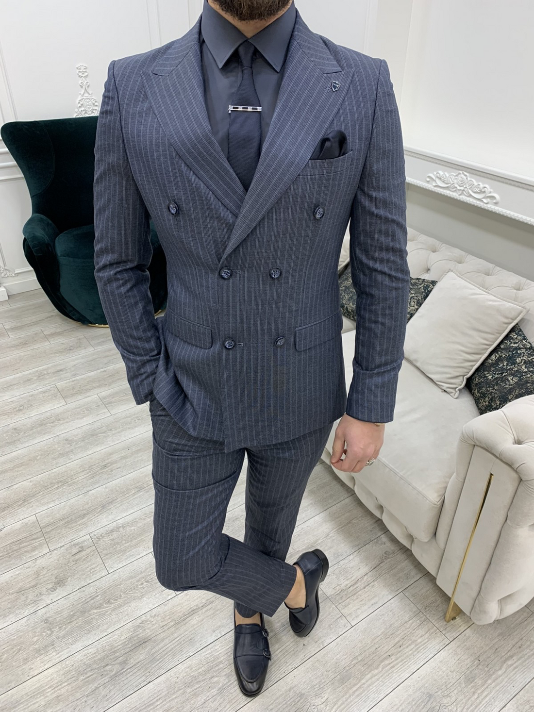 Striped Dark Blue Slim-Fit Italian Cut Double Breasted Suit