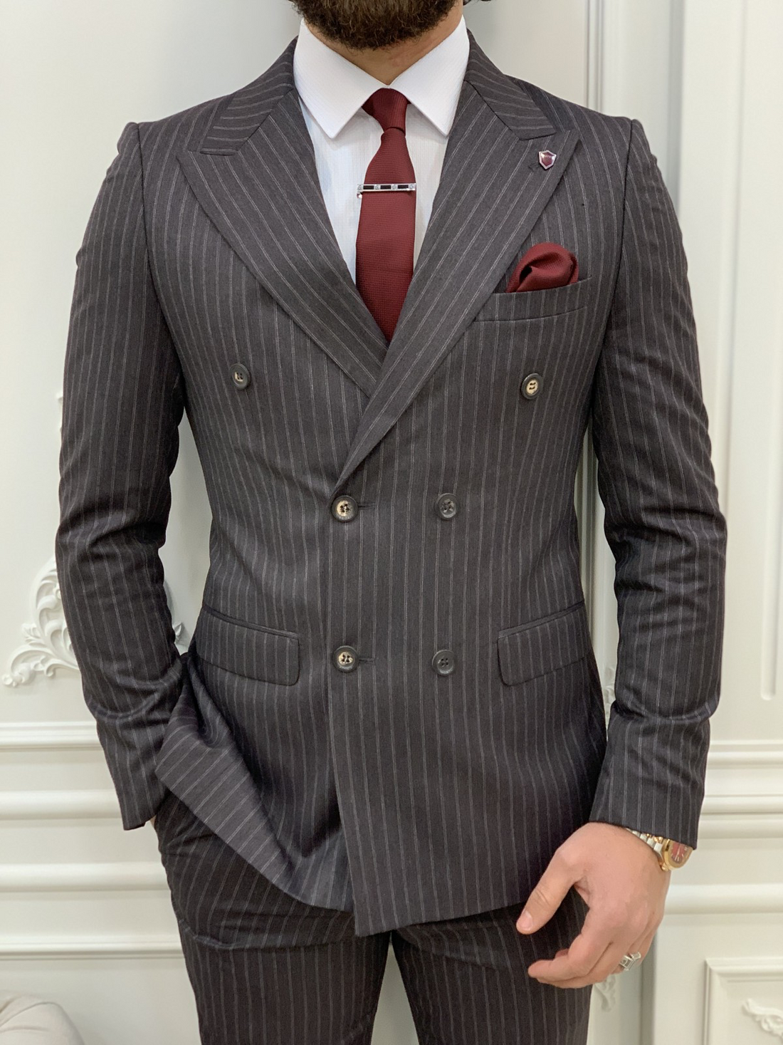 Striped Dark Brown Slim-Fit Italian Cut Double Breasted Suit