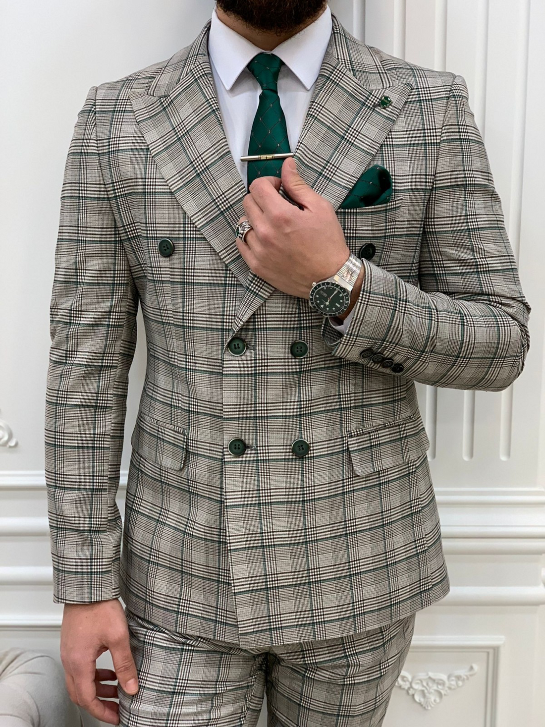 Plaid Grey Striped Green Slim-Fit Italian Cut Double Breasted Suit