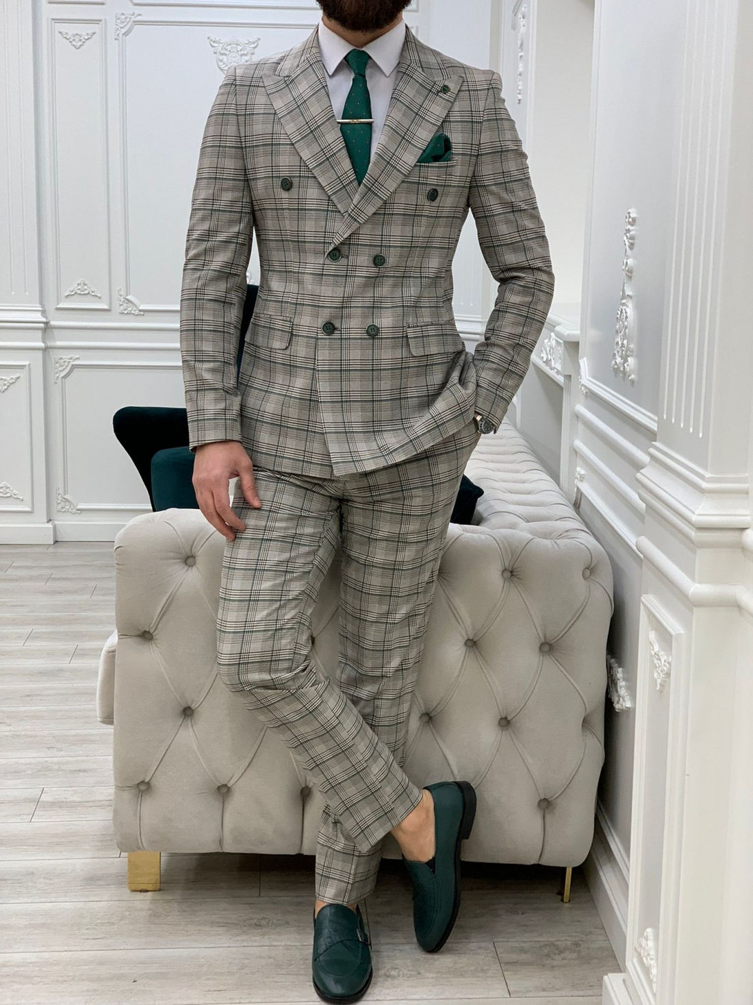 Plaid Grey Striped Green Slim-Fit Italian Cut Double Breasted Suit