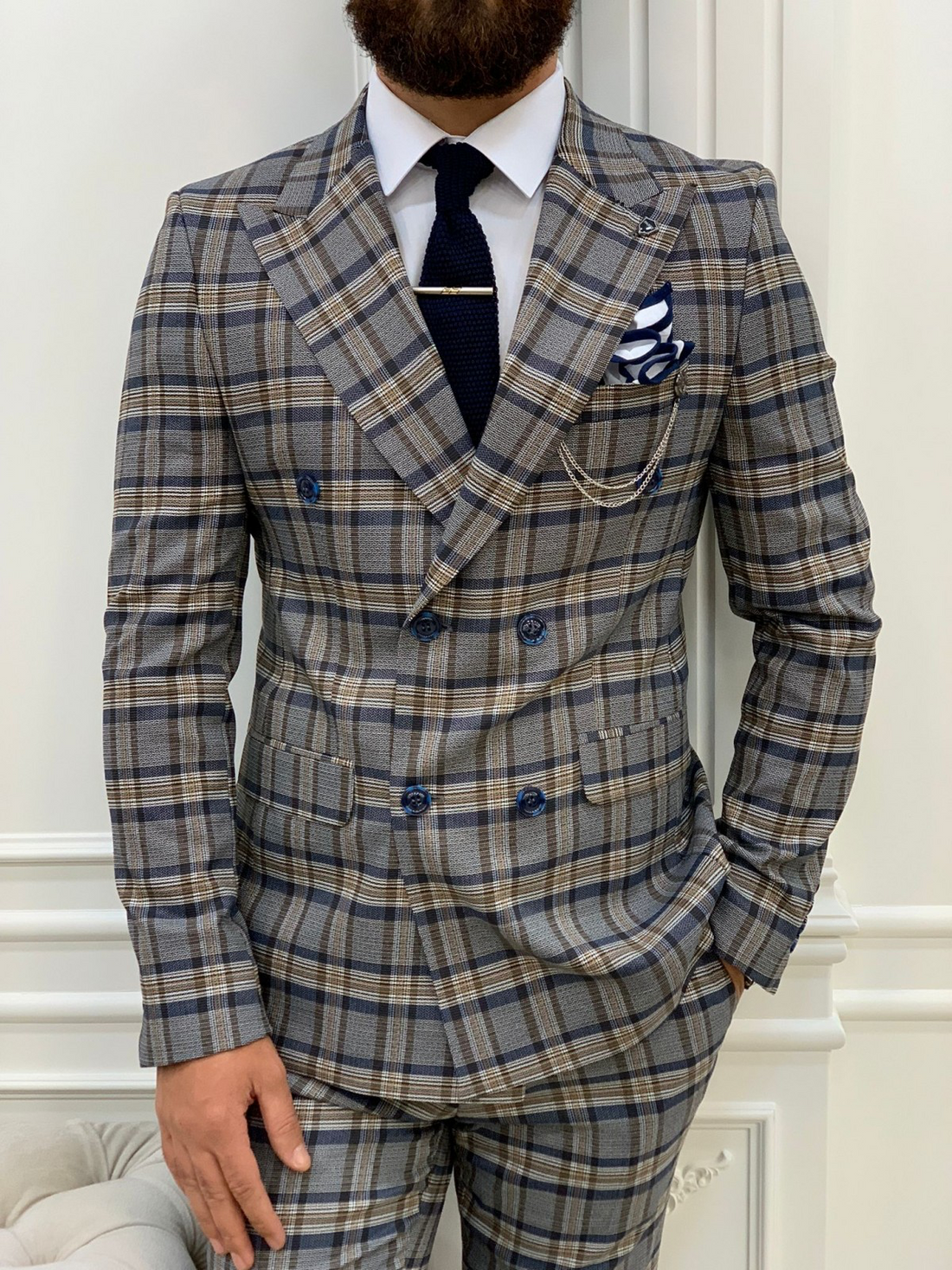 Navy Blue Patterned Slim-Fit Italian Cut Double Breasted Suit