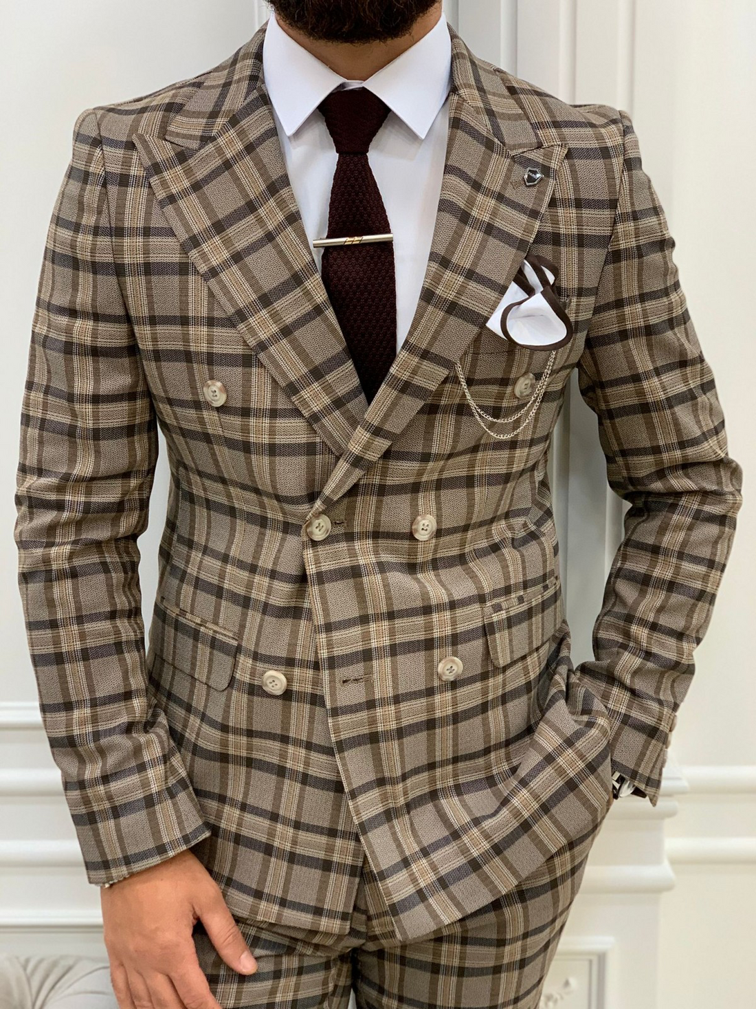 Brown Patterned Slim-Fit Italian Cut Double Breasted Suit