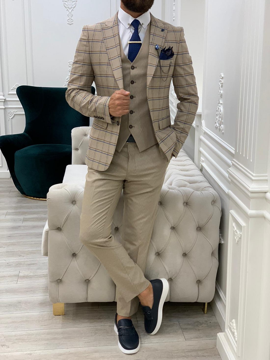 Cream Plaid Slim-Fit Italian Cut Suit