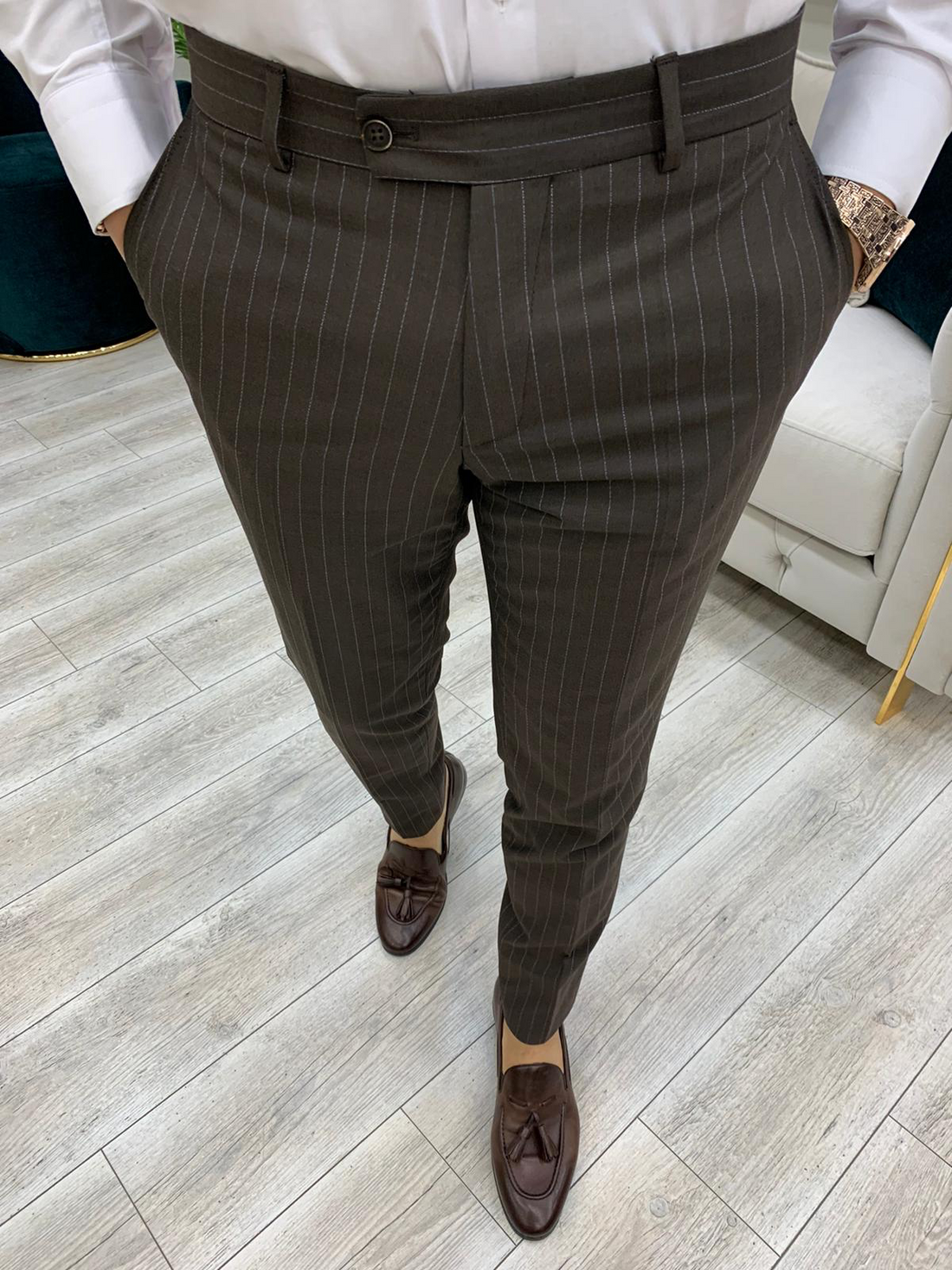 Light Brown Striped Slim-Fit Double Breasted Suit