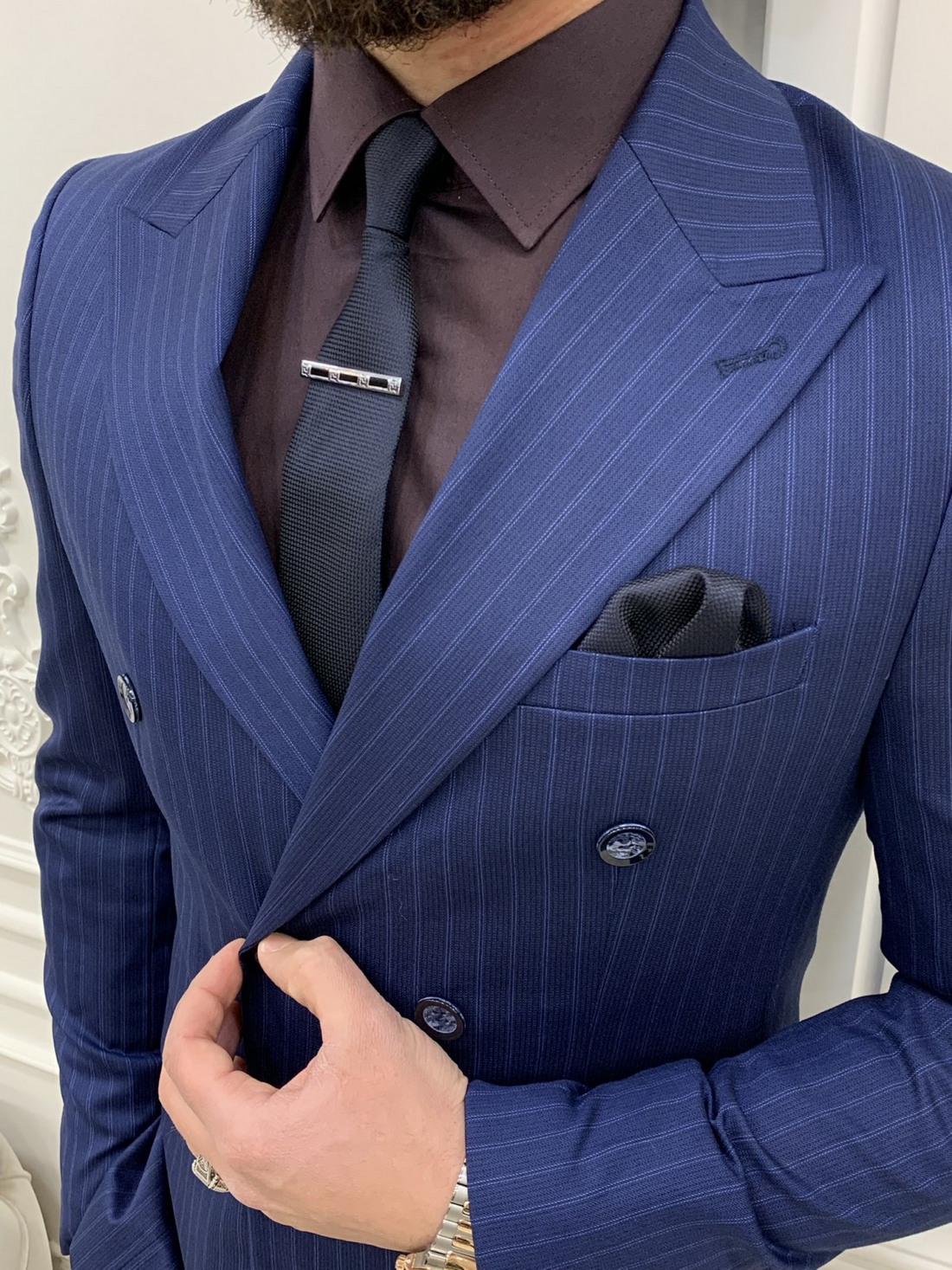 Striped Sax Slim-Fit Italian Cut Double Breasted Suit