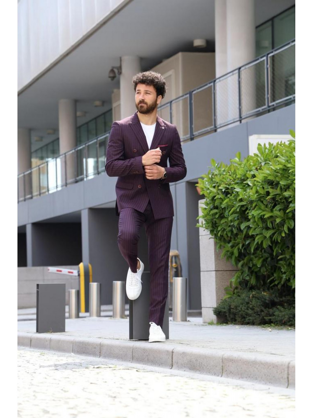 Burgundy Striped Slim-Fit Double Breasted Suit