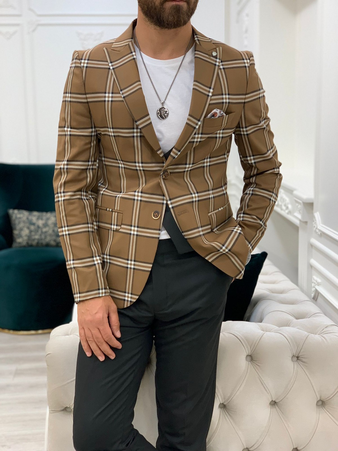 Brown Plaid Slim-Fit Suit