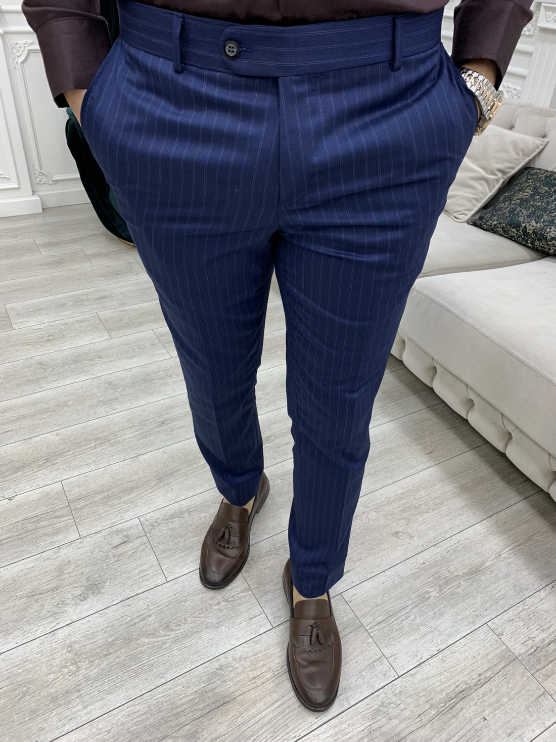 Striped Sax Slim-Fit Italian Cut Double Breasted Suit