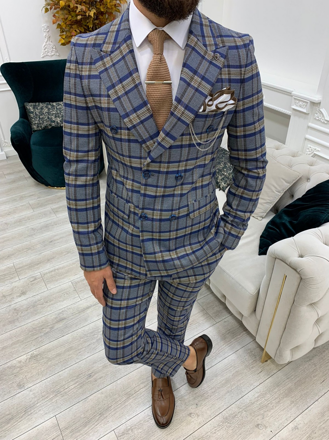 Blue Brown Patterned Slim-Fit Italian Cut Double Breasted Suit