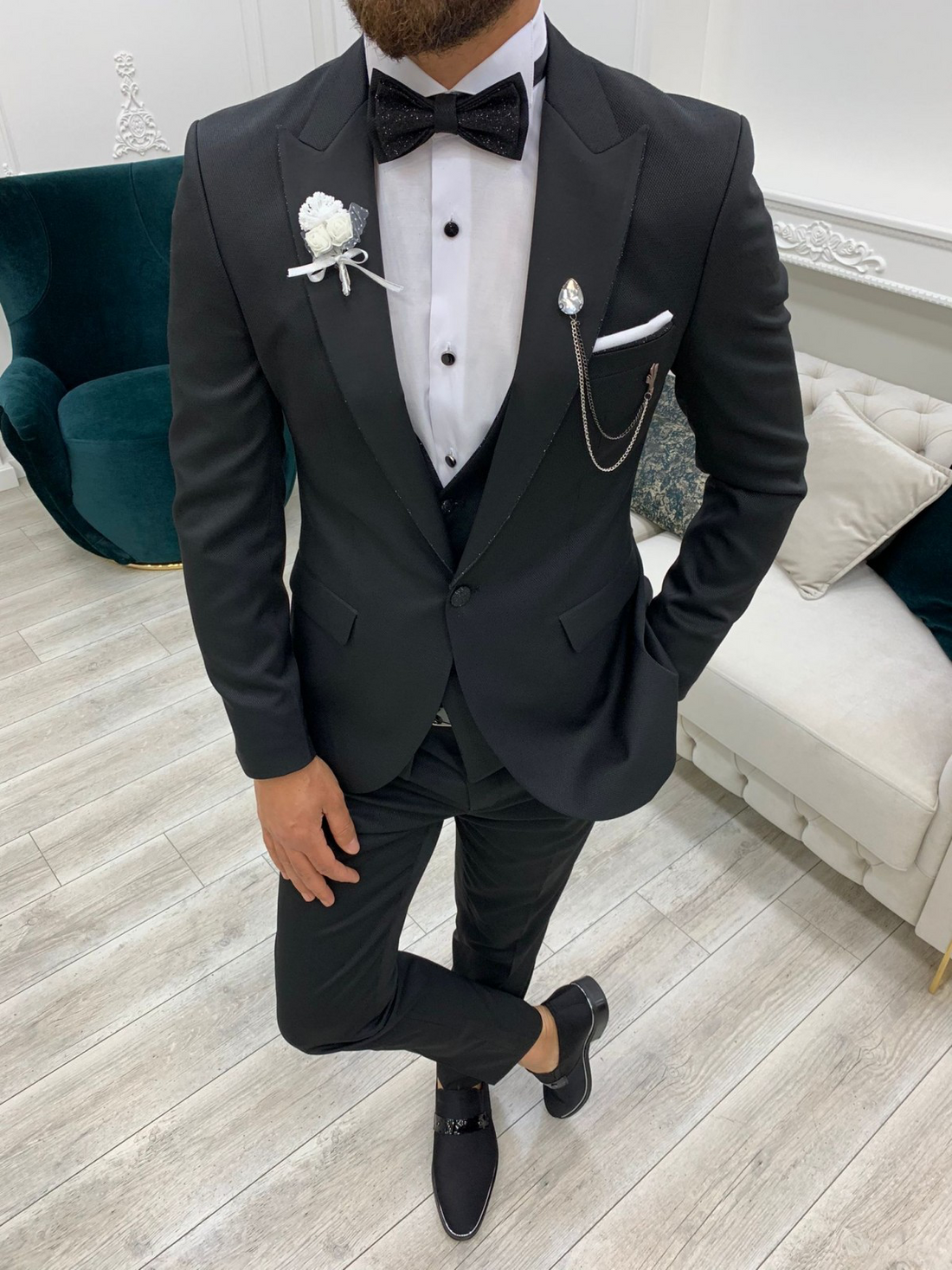 Black Glitter Dovetail Slim-Fit Tuxedo