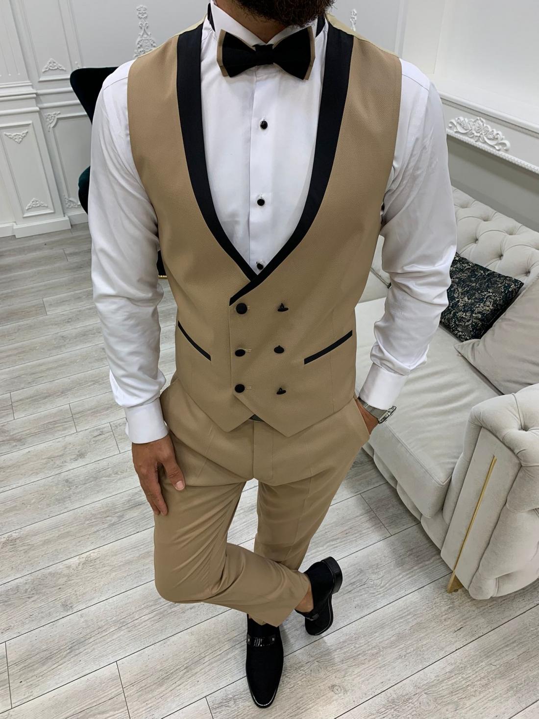 Cream Striped Groom Slim-Fit Tuxedo