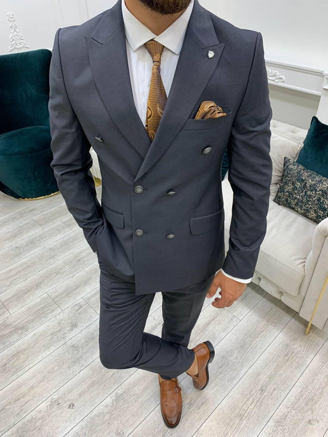 Smoked Slim-Fit Italian Cut Double Breasted Suit