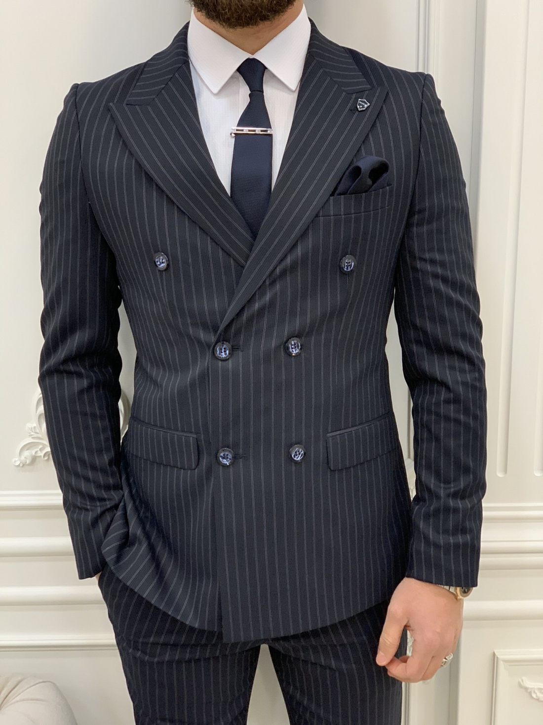 Striped Dark Navy Blue Slim-Fit Italian Cut Double Breasted Suit