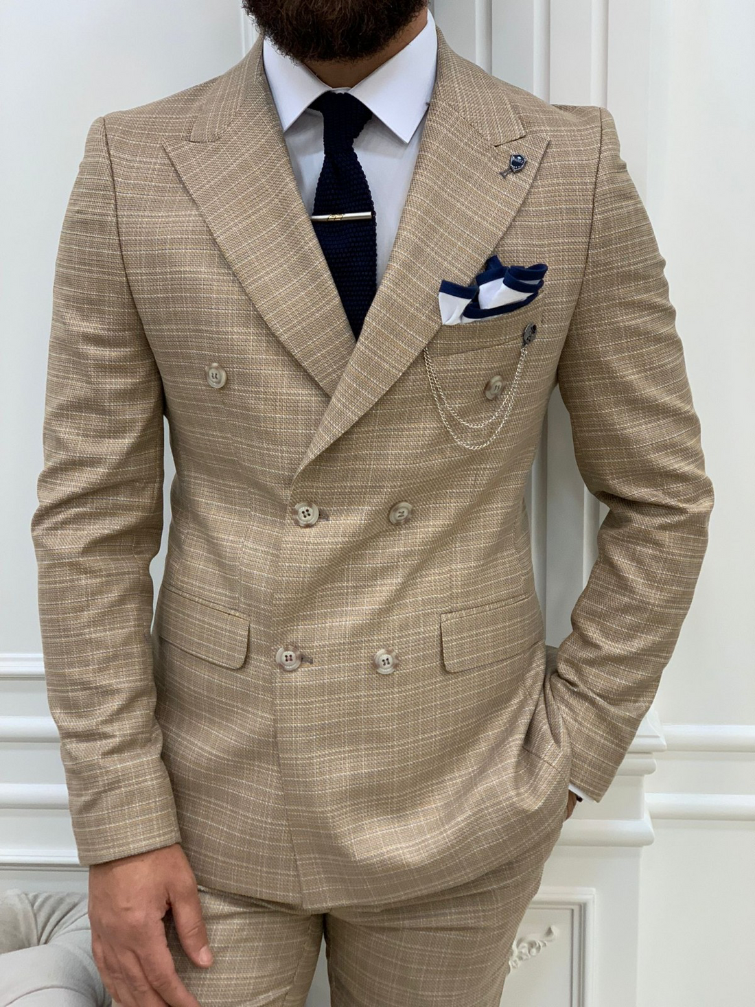 Yellow Striped Slim-Fit Italian Cut Double Breasted Suit