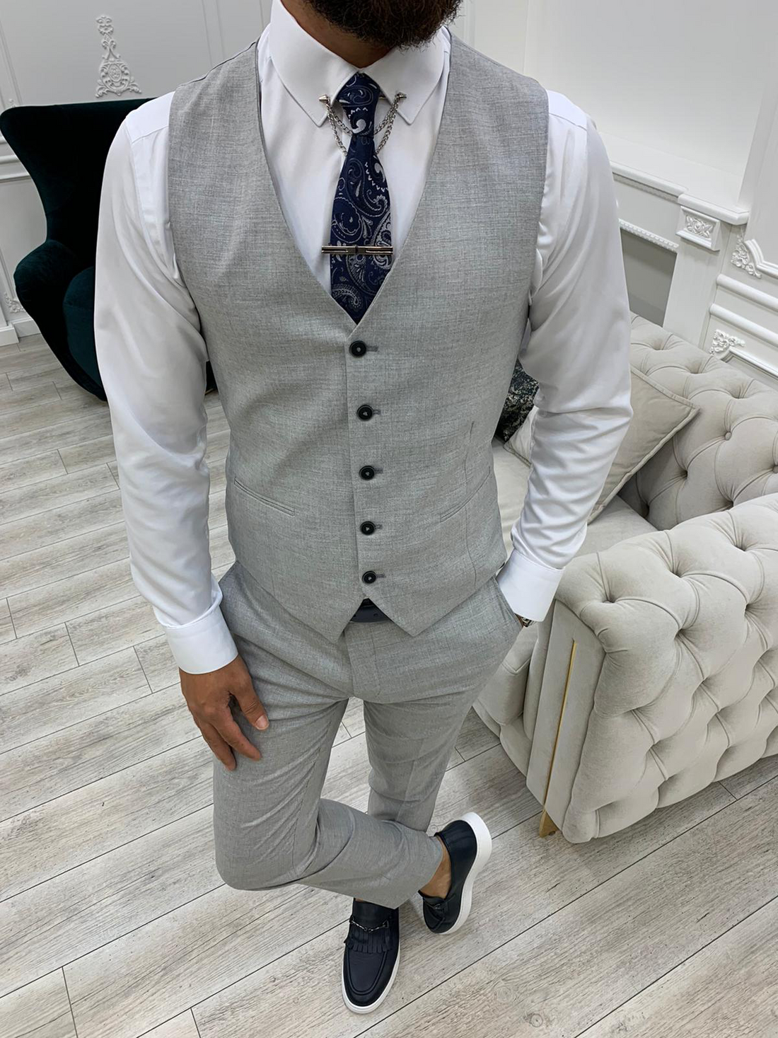 Light Grey Plaid Slim-Fit Italian Cut Suit