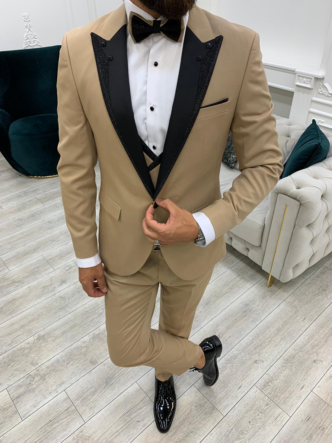 Cream Glitter Groom Slim-Fit Tuxedo