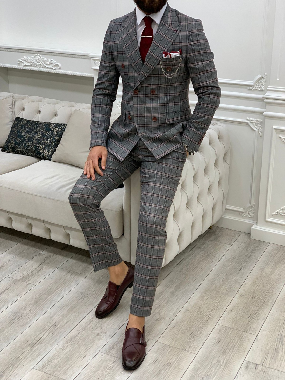 Grey Patterned Slim-Fit Italian Cut Double Breasted Suit