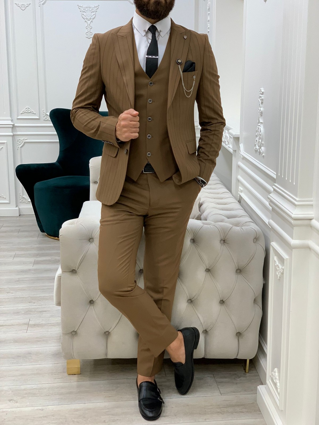 Brown Striped Slim-Fit Italian Cut Suit