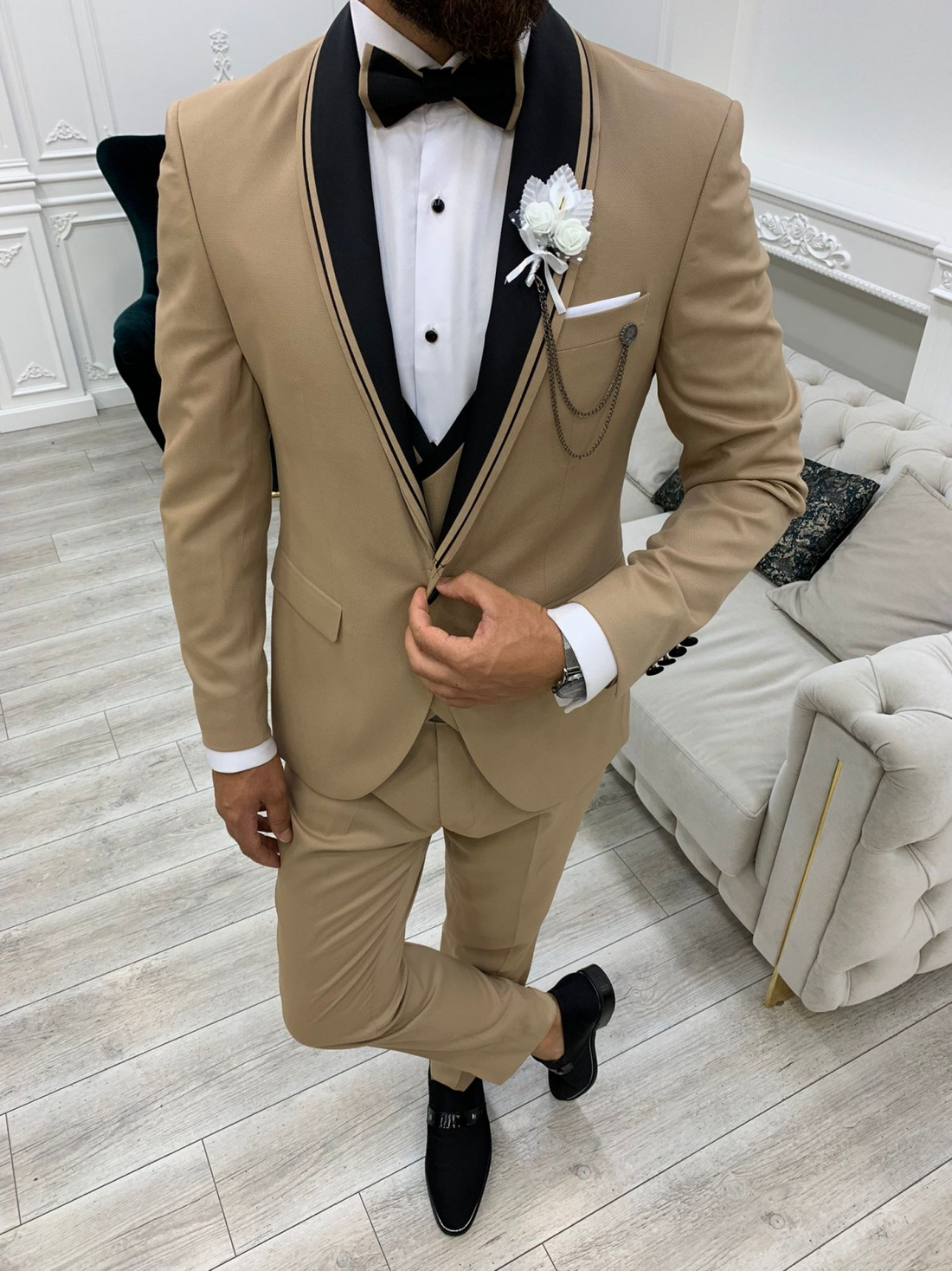 Cream Striped Groom Slim-Fit Tuxedo