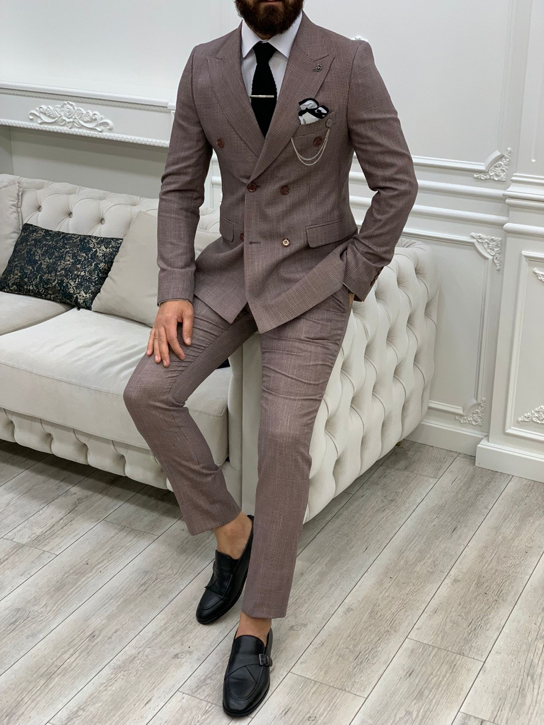 Burgundy Striped Slim-Fit Italian Cut Double Breasted Suit