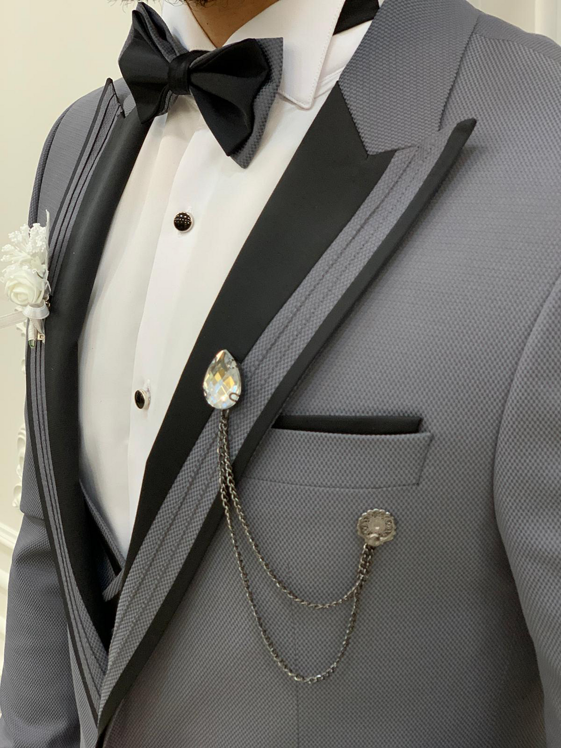 Grey Striped Groom Slim-Fit Tuxedo