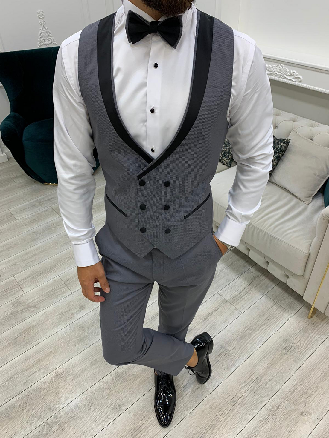 Grey Striped Groom Slim-Fit Tuxedo