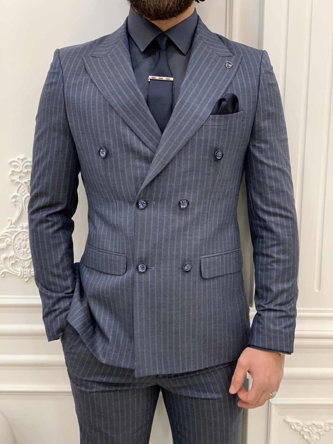 Striped Dark Blue Slim-Fit Italian Cut Double Breasted Suit