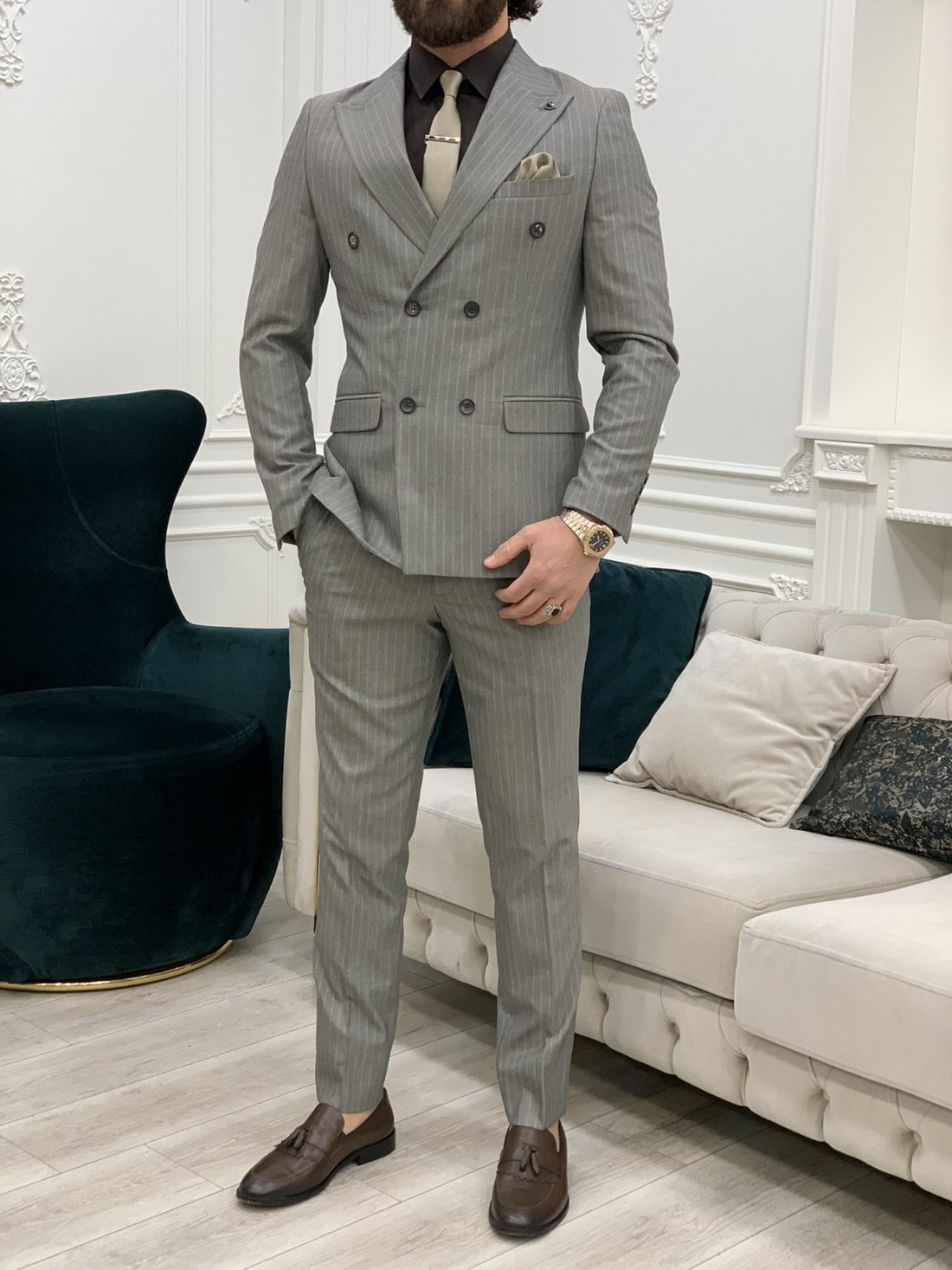 Striped Grey Slim-Fit Italian Cut Double Breasted Suit