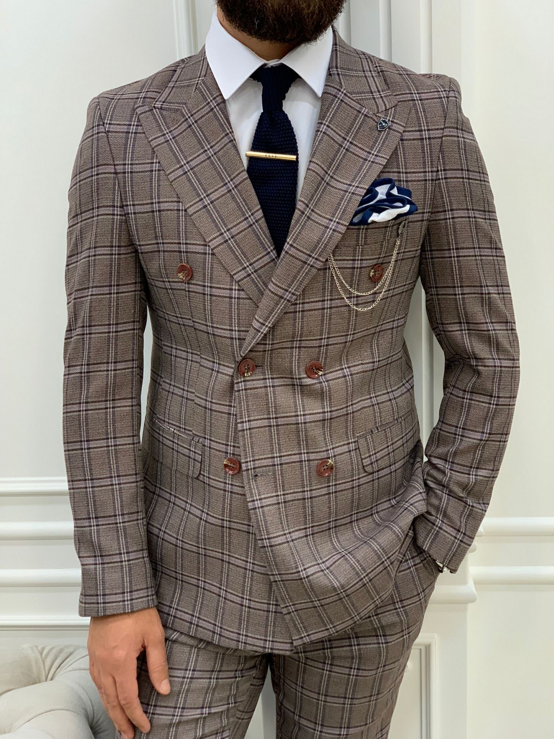 Cherry Patterned Slim-Fit Italian Cut Double Breasted Suit