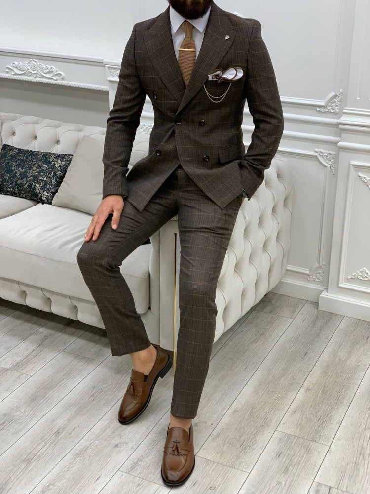 Bitter Brown Striped Slim-Fit Italian Cut Double Breasted Suit