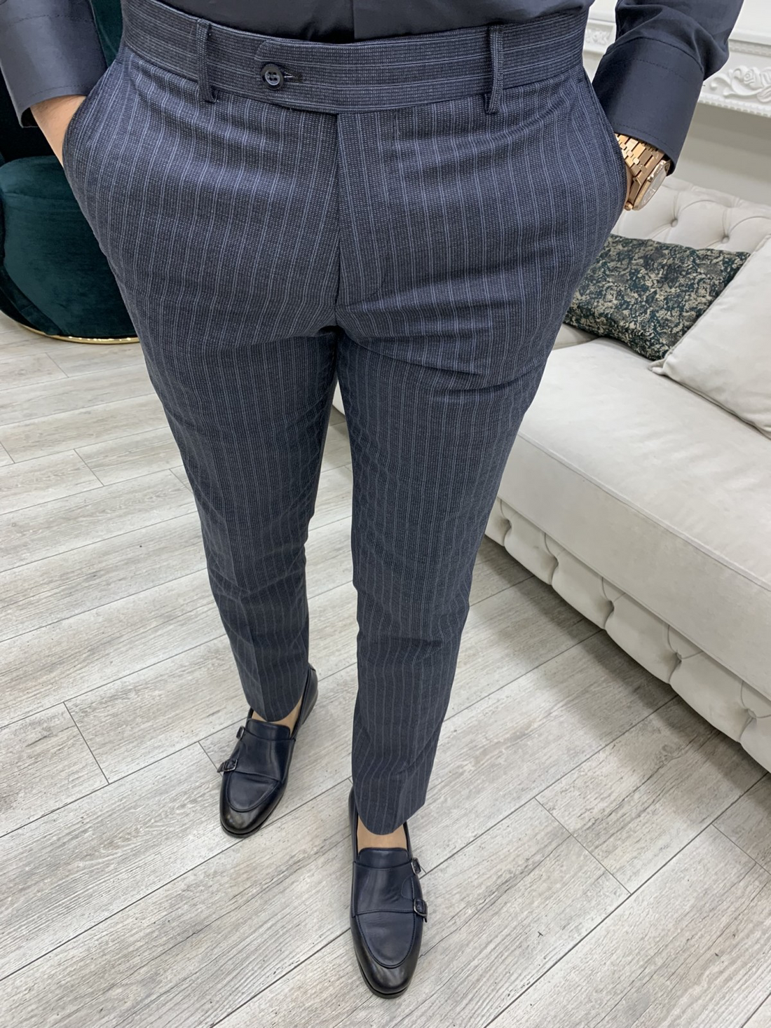 Striped Dark Blue Slim-Fit Italian Cut Double Breasted Suit