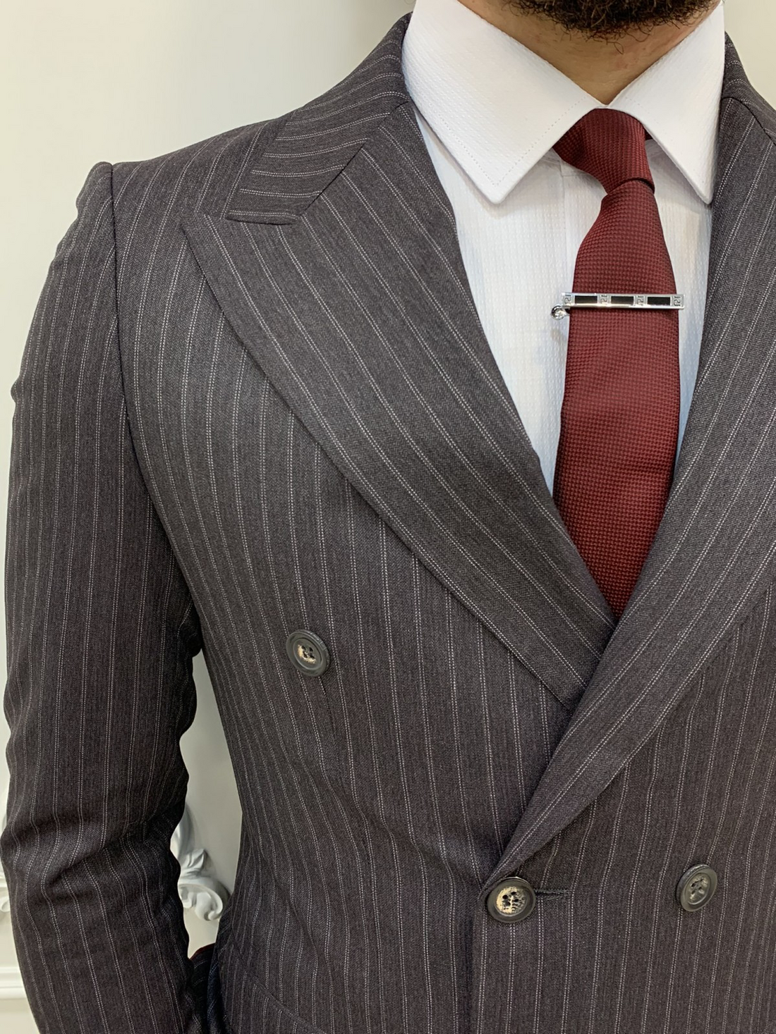 Striped Dark Brown Slim-Fit Italian Cut Double Breasted Suit