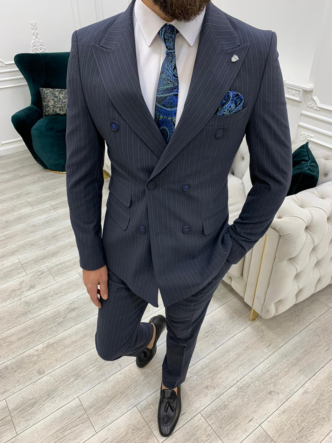 Navy Blue Striped Slim-Fit Italian Cut Double Breasted Suit