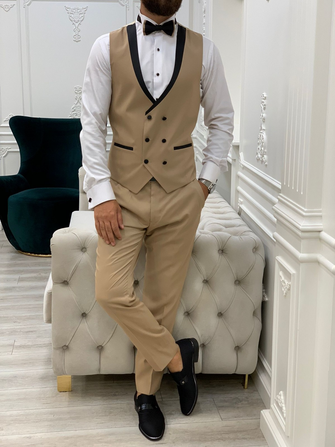 Cream Striped Groom Slim-Fit Tuxedo