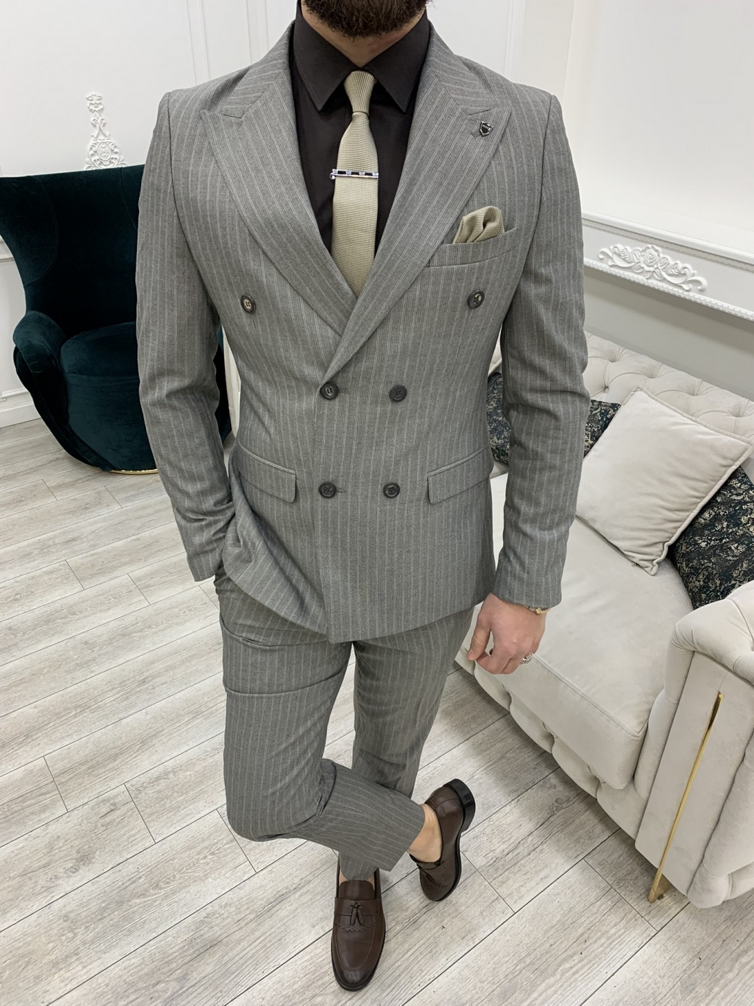 Striped Grey Slim-Fit Italian Cut Double Breasted Suit