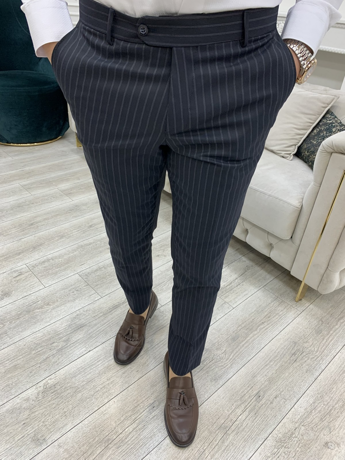 Striped Dark Navy Blue Slim-Fit Italian Cut Double Breasted Suit