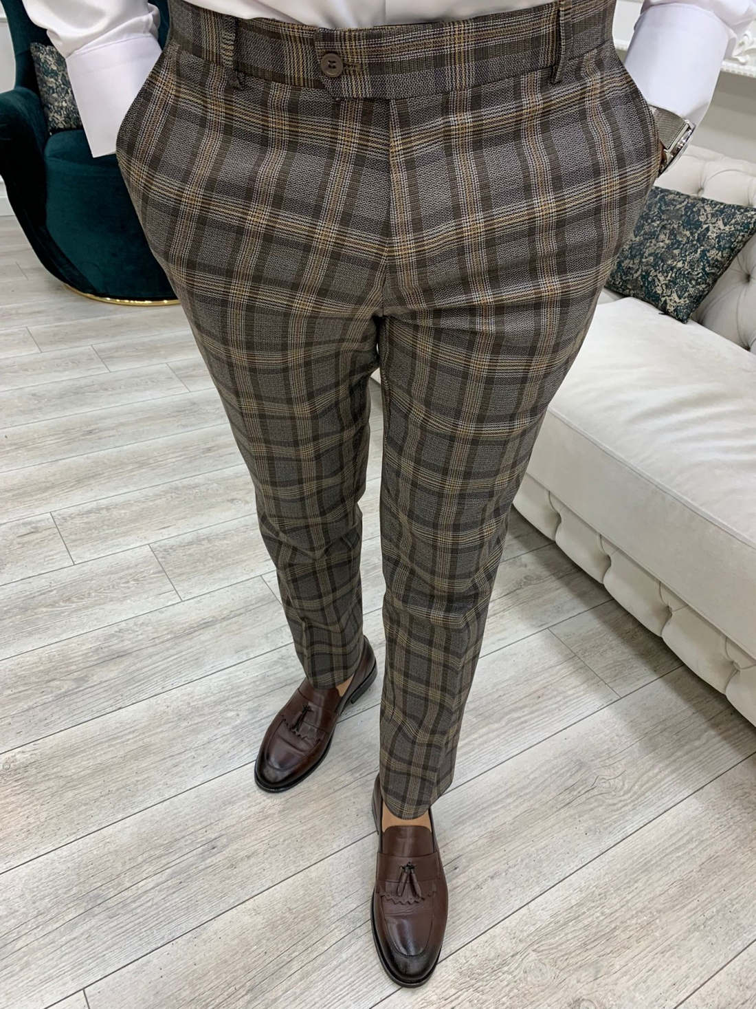 Brown Patterned Slim-Fit Italian Cut Double Breasted Suit