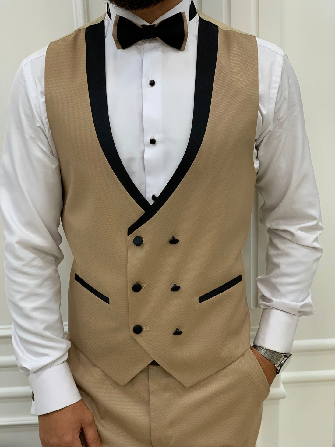 Cream Striped Groom Slim-Fit Tuxedo