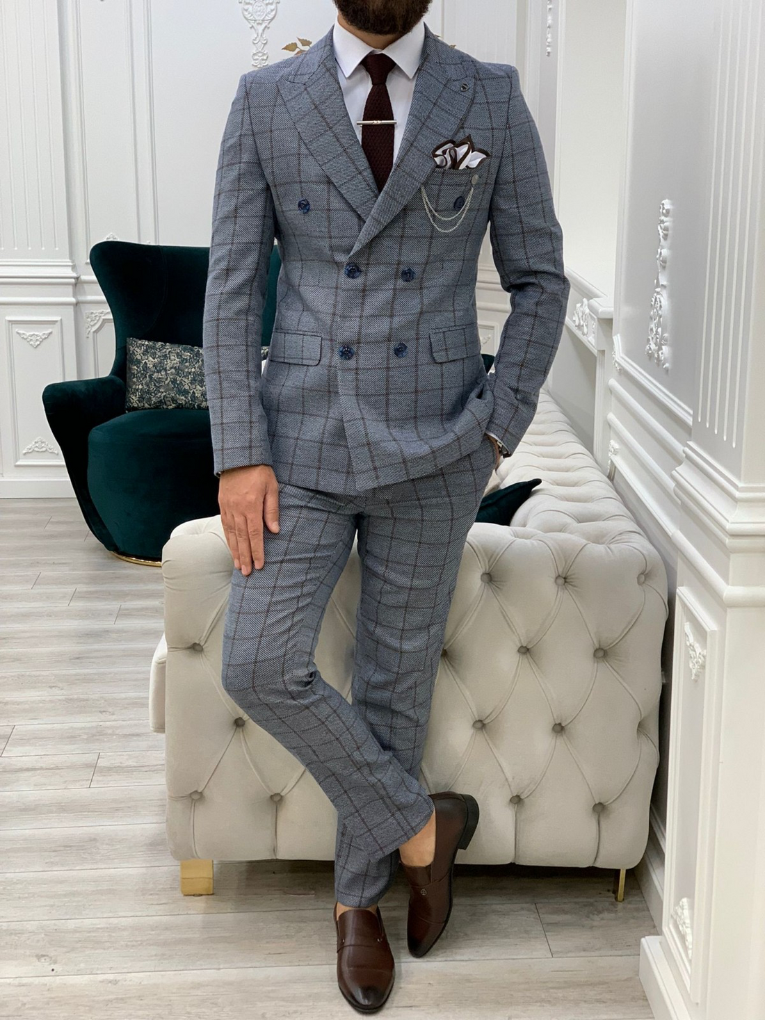 Ice Blue Striped Slim-Fit Italian Cut Double Breasted Suit