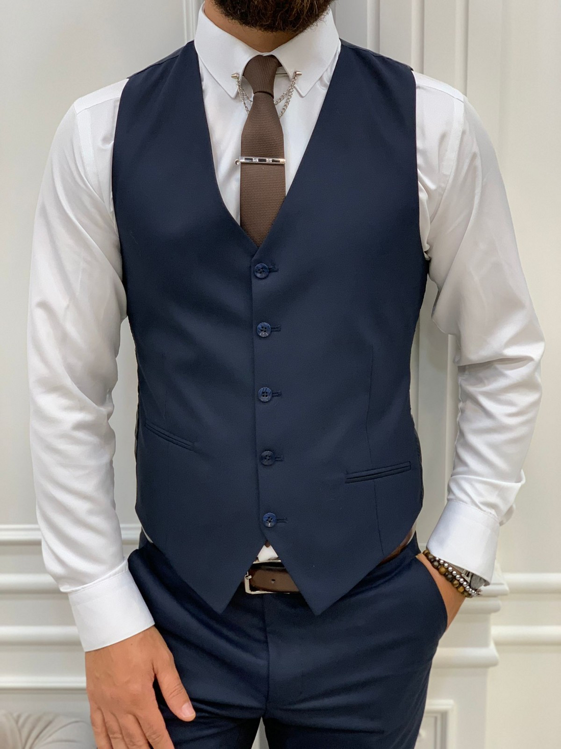 Navy Blue Striped Slim-Fit Italian Cut Suit