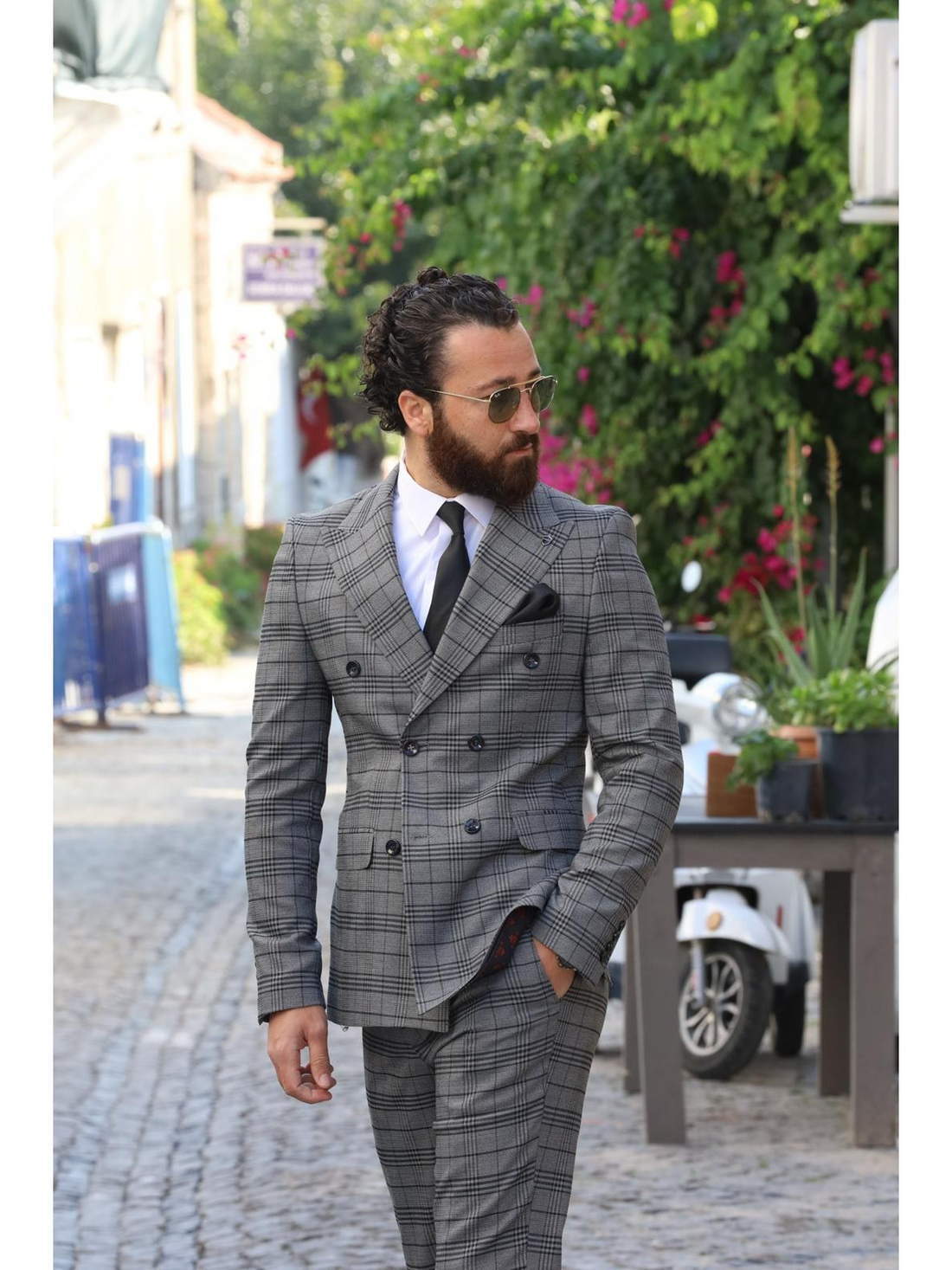 Grey Patterned Slim-Fit Italian Cut Double Breasted Suit