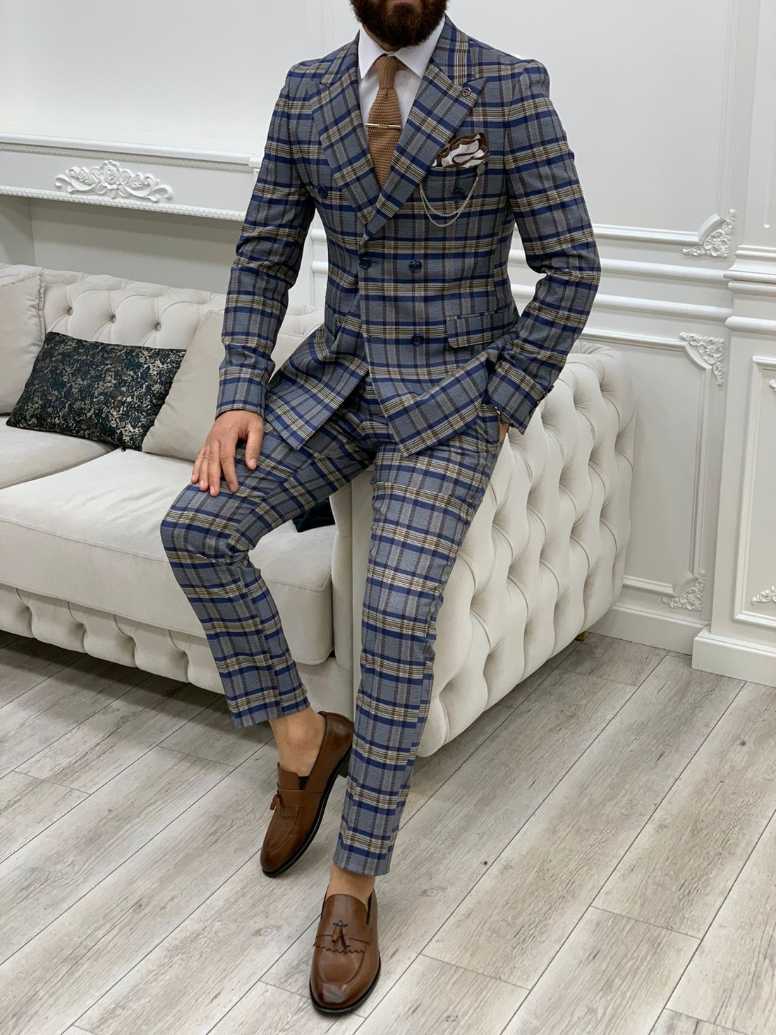 Blue Brown Patterned Slim-Fit Italian Cut Double Breasted Suit