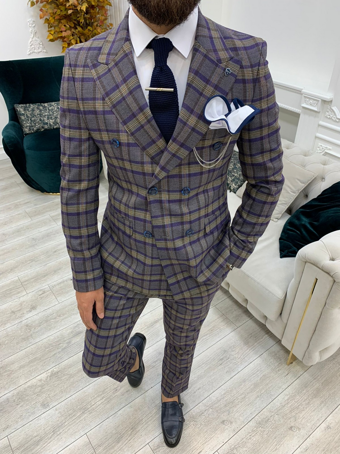 Purple Patterned Slim-Fit Italian Cut Double Breasted Suit