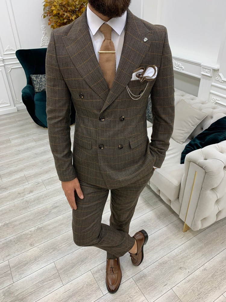 Bitter Brown Striped Slim-Fit Italian Cut Double Breasted Suit